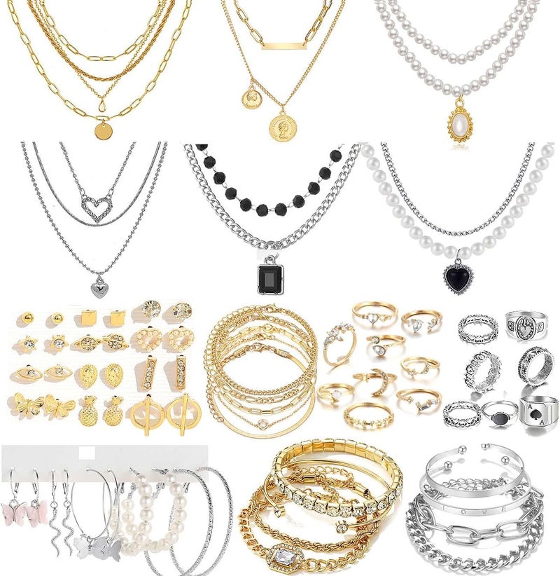CONGYING 73 Pcs Gold Jewelry Set with 6Pcs Layered Necklace, 11 Pcs anklet and 7Pcs Earring Ear Cuff,12Hoop Earrings ,15pcs Rings,21pcs stud earrings Jewerly set for Women Pack for Friendship Party Gift - Image 1